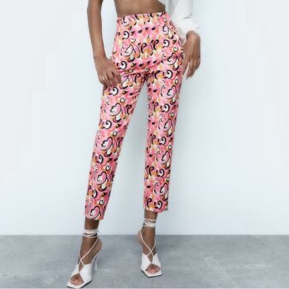 Zara Hot Pink Paisley Multi 70's Retro High Waist Trousers pants NWT - Picture 3 of 3